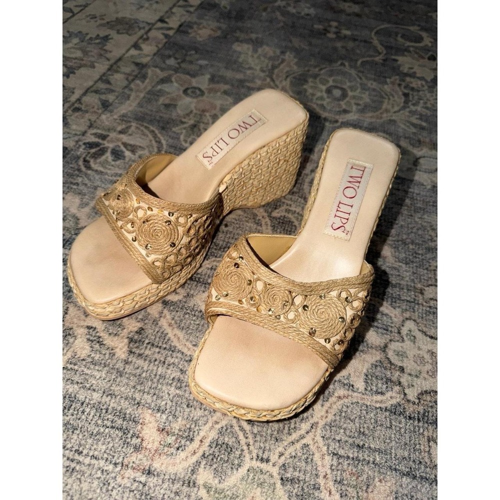 Vintage Y2K Two Lips Wedge Sandal Raffia Straw Sequins